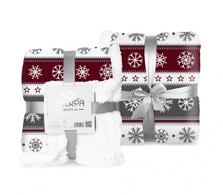 Fleece deka s beránkem vánoční vločky šedočervené 150/200